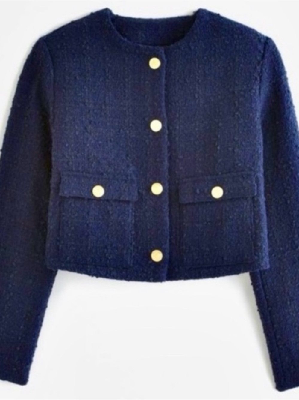 Abercrombie & Fitch Navy Bouclé Cropped Blazer with Gold Buttons